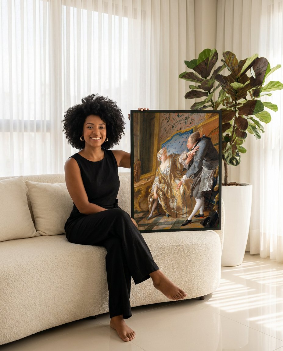 Quadro Decorativo A Leitura de Molière - Jean François de Troy com modelo em ambiente