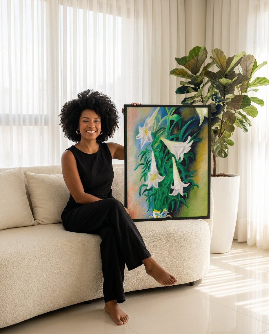 Quadro Decorativo Lírios em Vaso - Moïse Kisling com modelo em ambiente