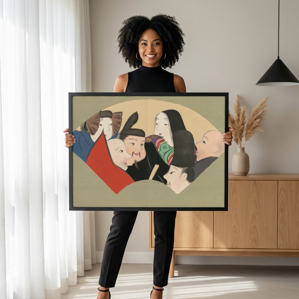 Quadro Decorativo Sete Deuses da Sorte - Kamisaka Sekka com modelo em ambiente