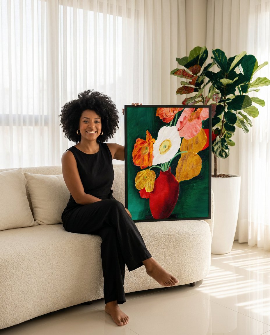 Quadro Decorativo 'Flores no Vaso' - Moïse Kisling com modelo em ambiente