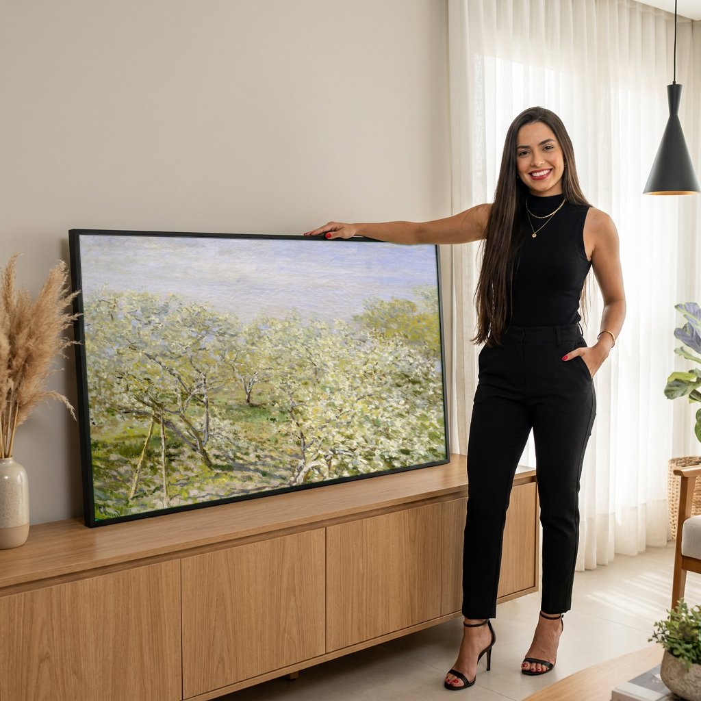 Quadro Decorativo Pomar em Flor - Claude Monet com modelo em ambiente