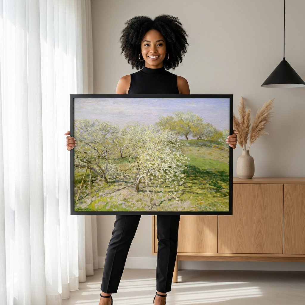Quadro Decorativo Pomar em Flor - Claude Monet com modelo em ambiente