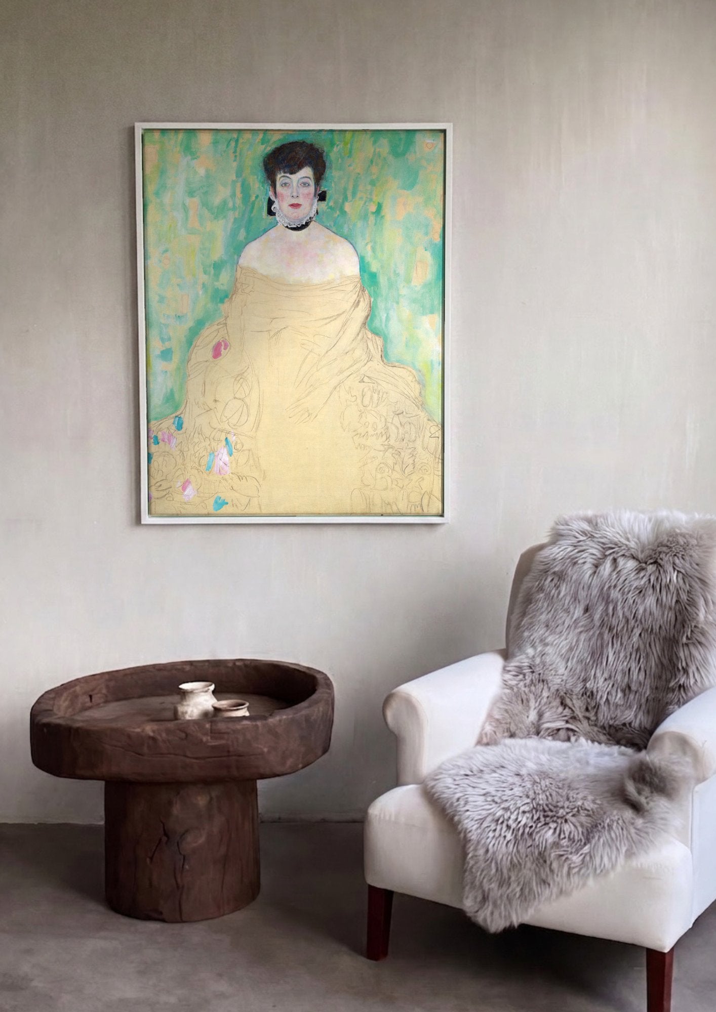 Quadro Decorativo Retrato Inacabado de Mulher - Klimt em ambiente decorado