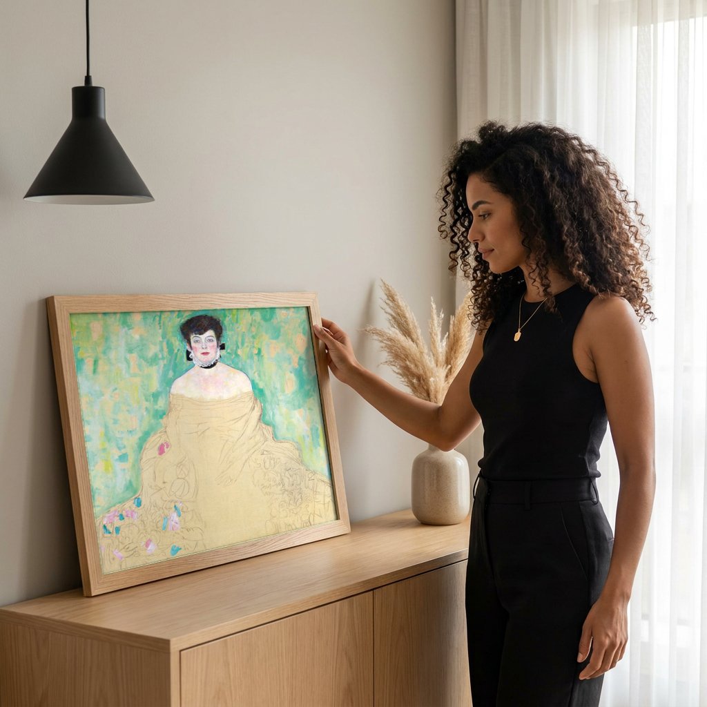 Quadro Decorativo Retrato Inacabado de Mulher - Klimt com modelo em ambiente