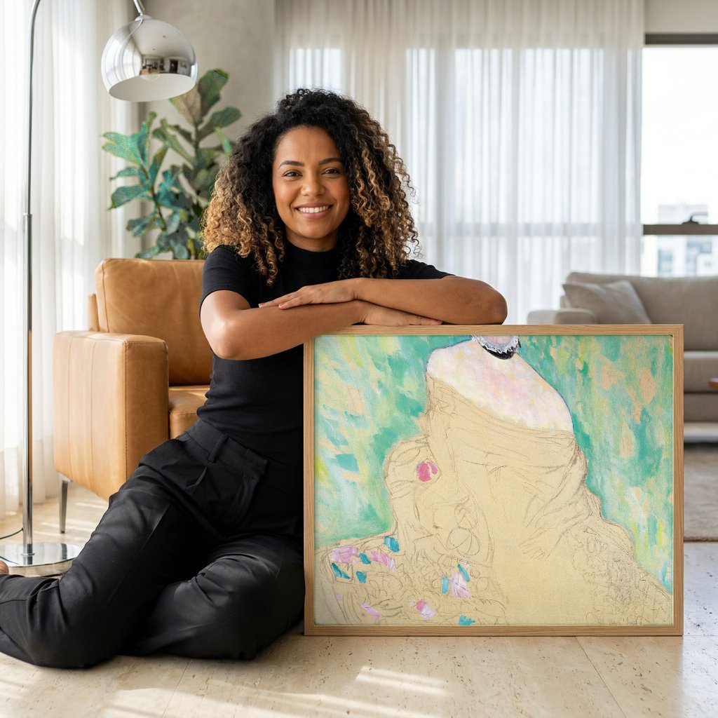 Quadro Decorativo Retrato Inacabado de Mulher - Klimt com modelo em ambiente