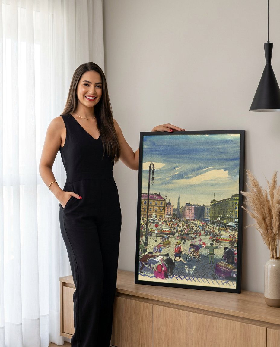 Quadro Decorativo Cena Urbana Vibrante - Oskar Laske com modelo em ambiente