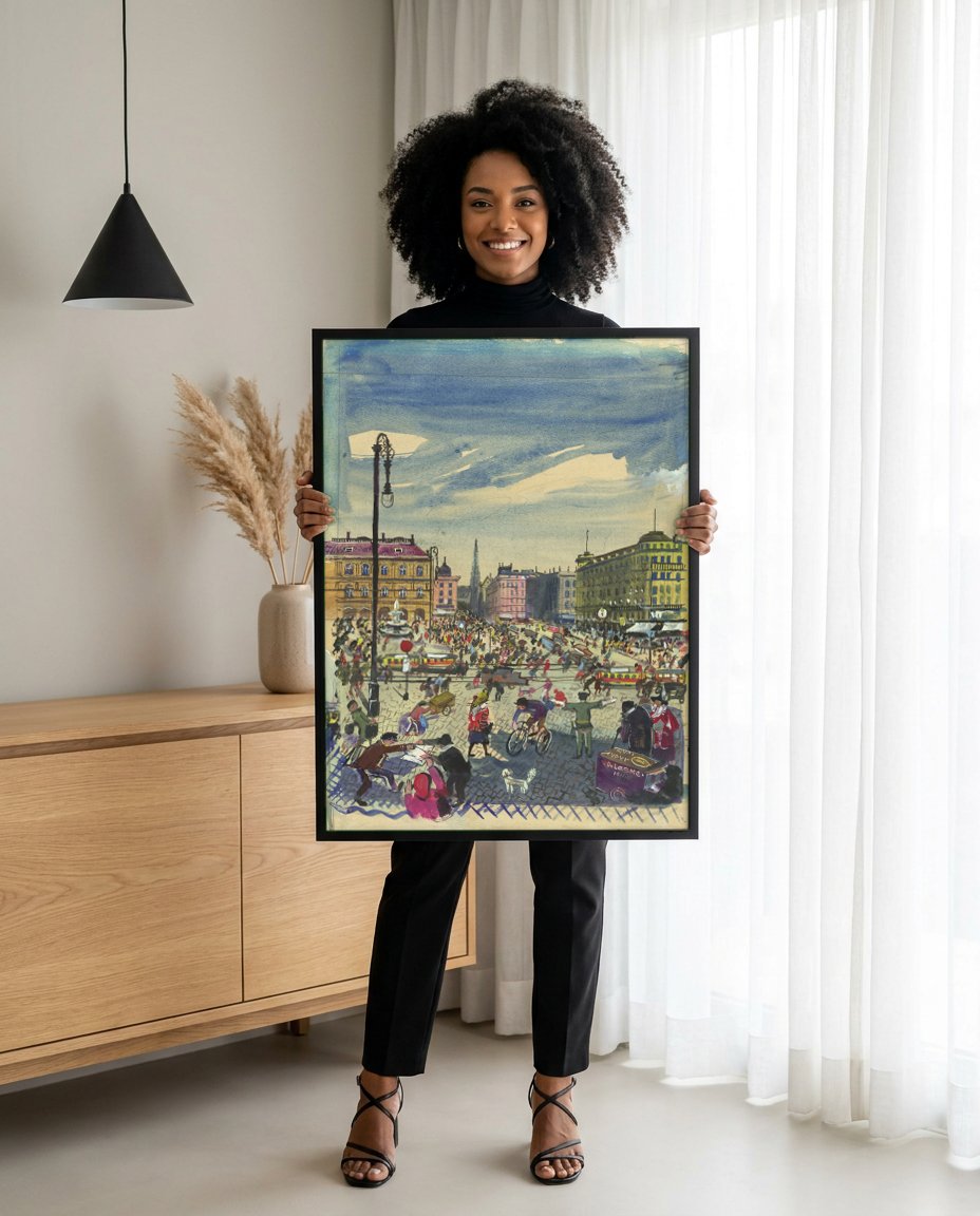 Quadro Decorativo Cena Urbana Vibrante - Oskar Laske com modelo em ambiente