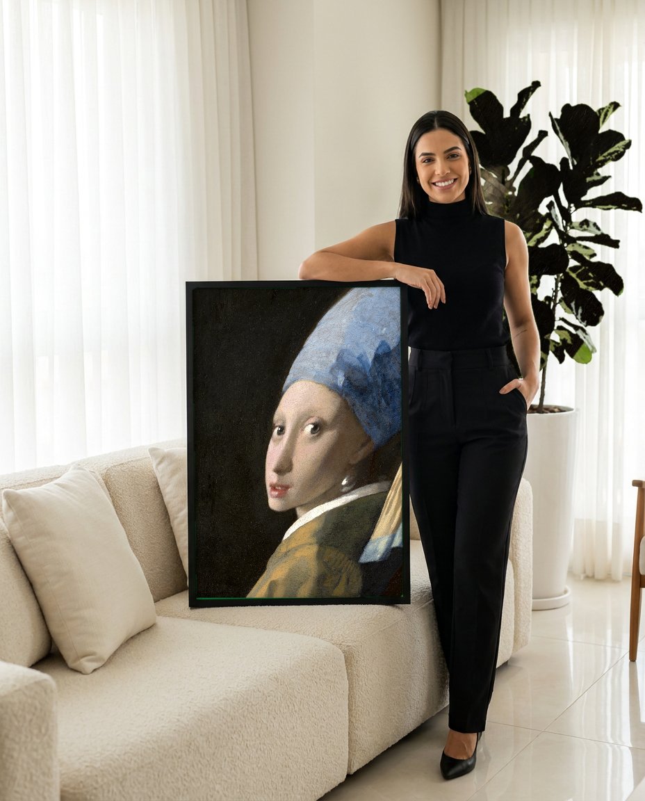Quadro Decorativo Moça com o Brinco de Pérola - Vermeer com modelo em ambiente