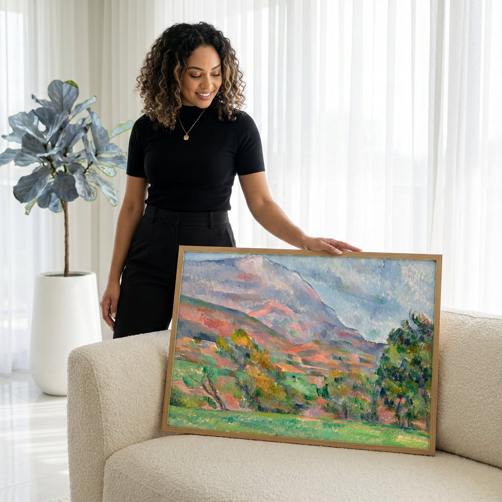 Quadro Decorativo Mont Sainte-Victoire - Paul Cézanne com modelo em ambiente