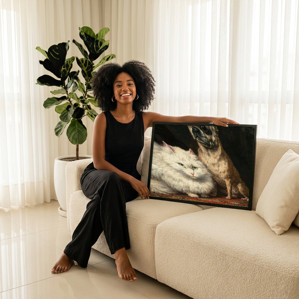 Quadro Decorativo Cão e Gato - Henriëtte Ronner Knip com modelo em ambiente