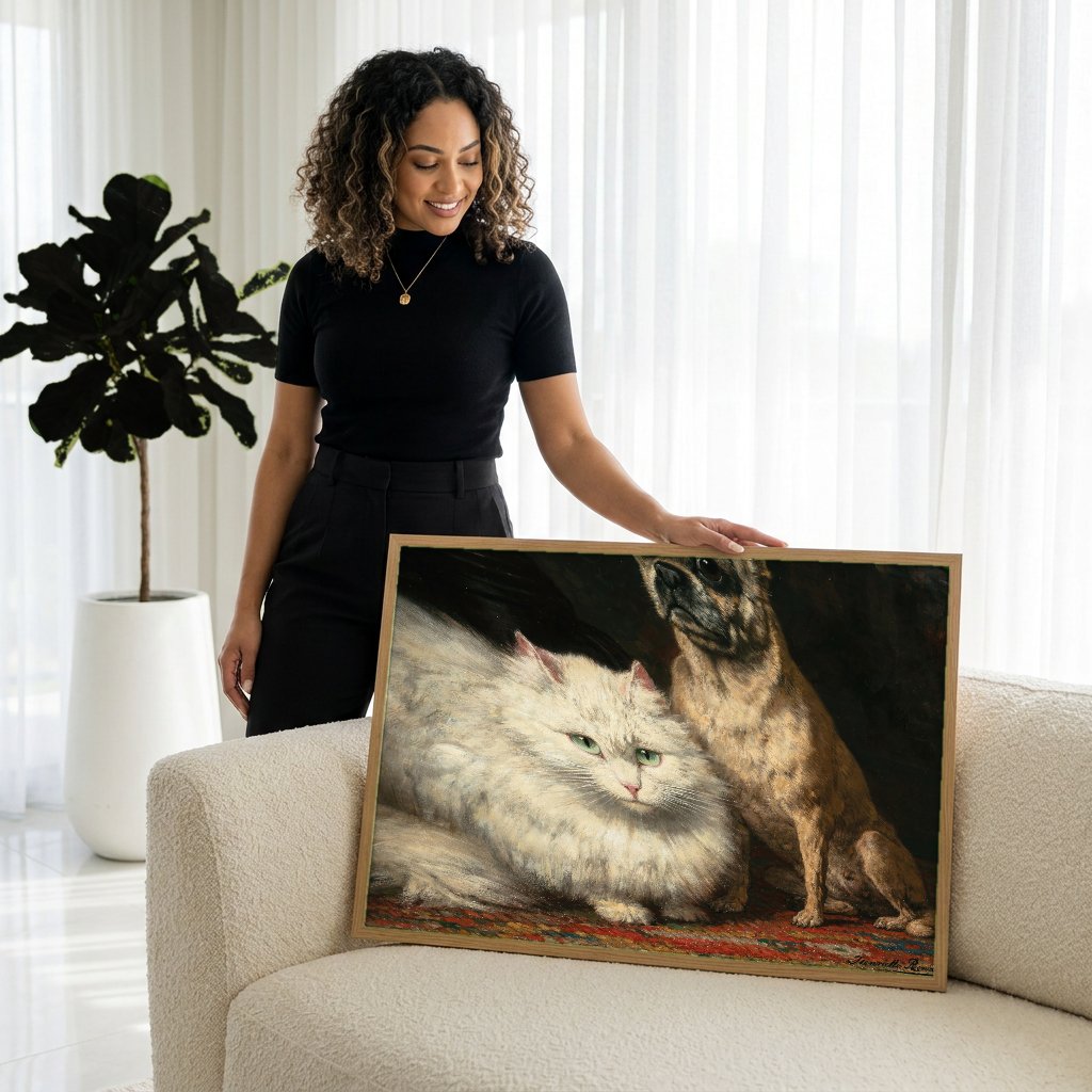 Quadro Decorativo Cão e Gato - Henriëtte Ronner Knip com modelo em ambiente