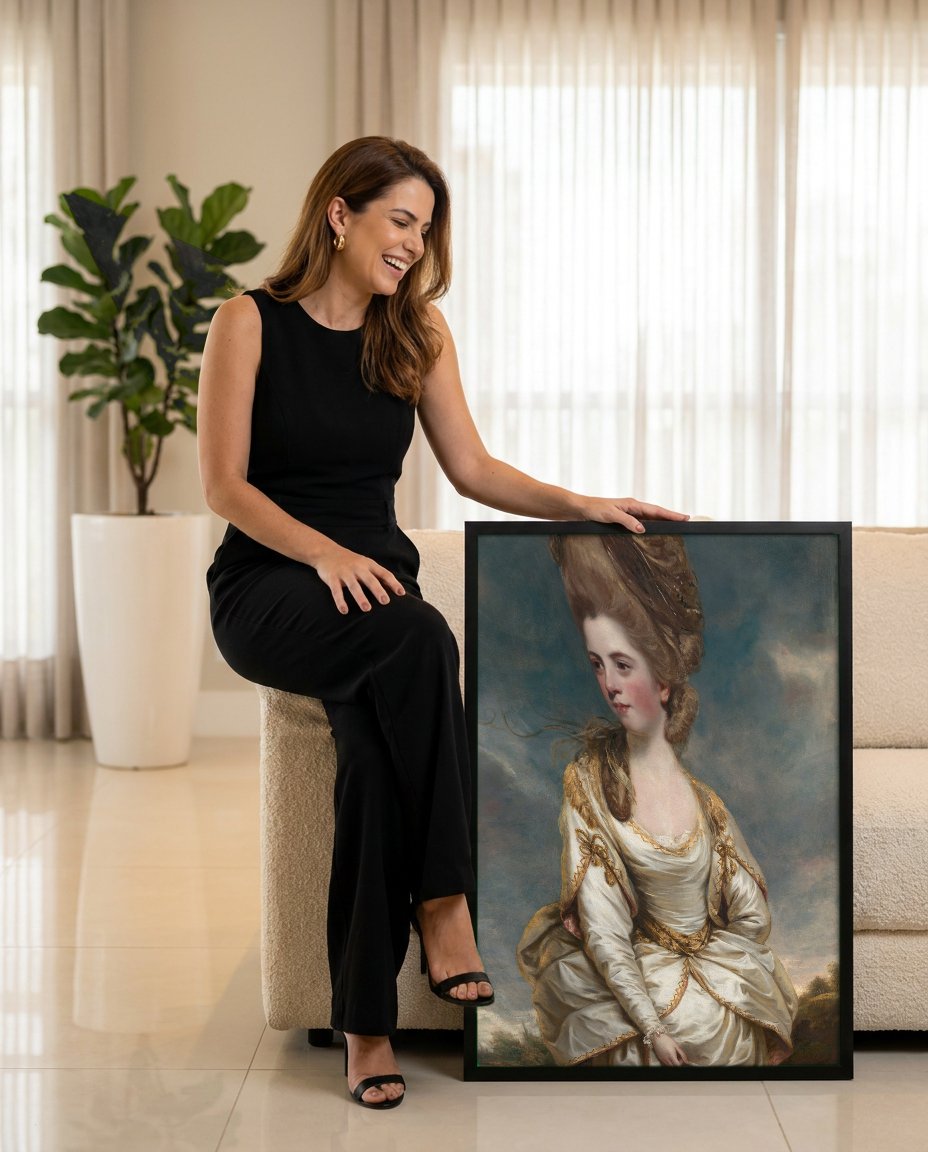 Quadro Decorativo Senhora com Traje de Seda - Sir Joshua Reynolds com modelo em ambiente