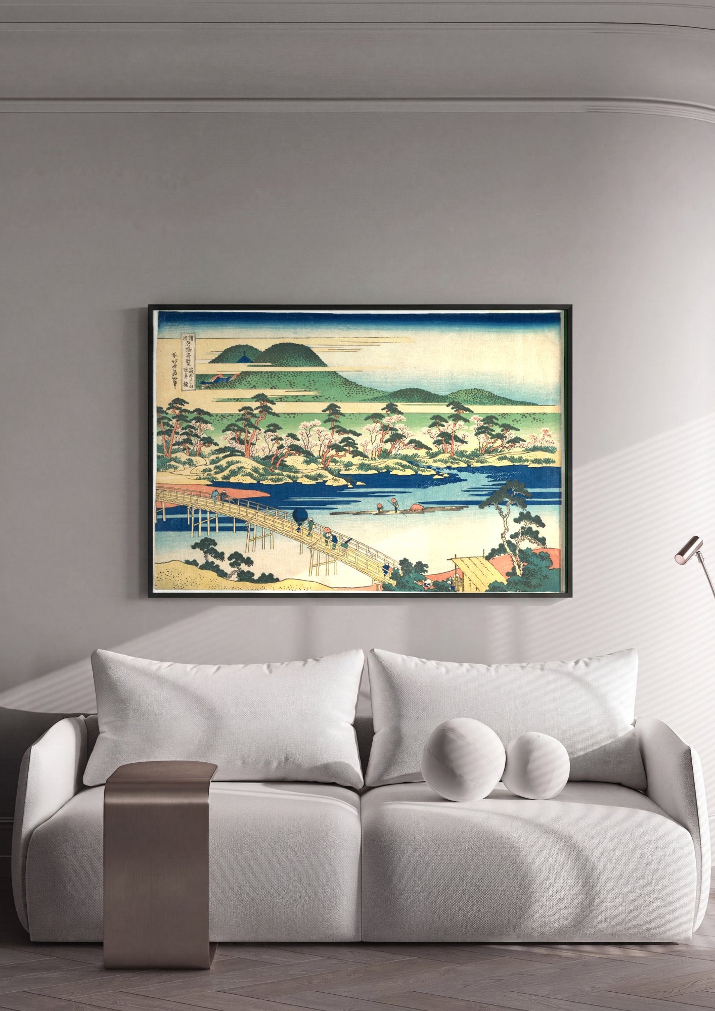 Quadro Decorativo A Ponte Flutuante de Sano - Hokusai em ambiente decorado