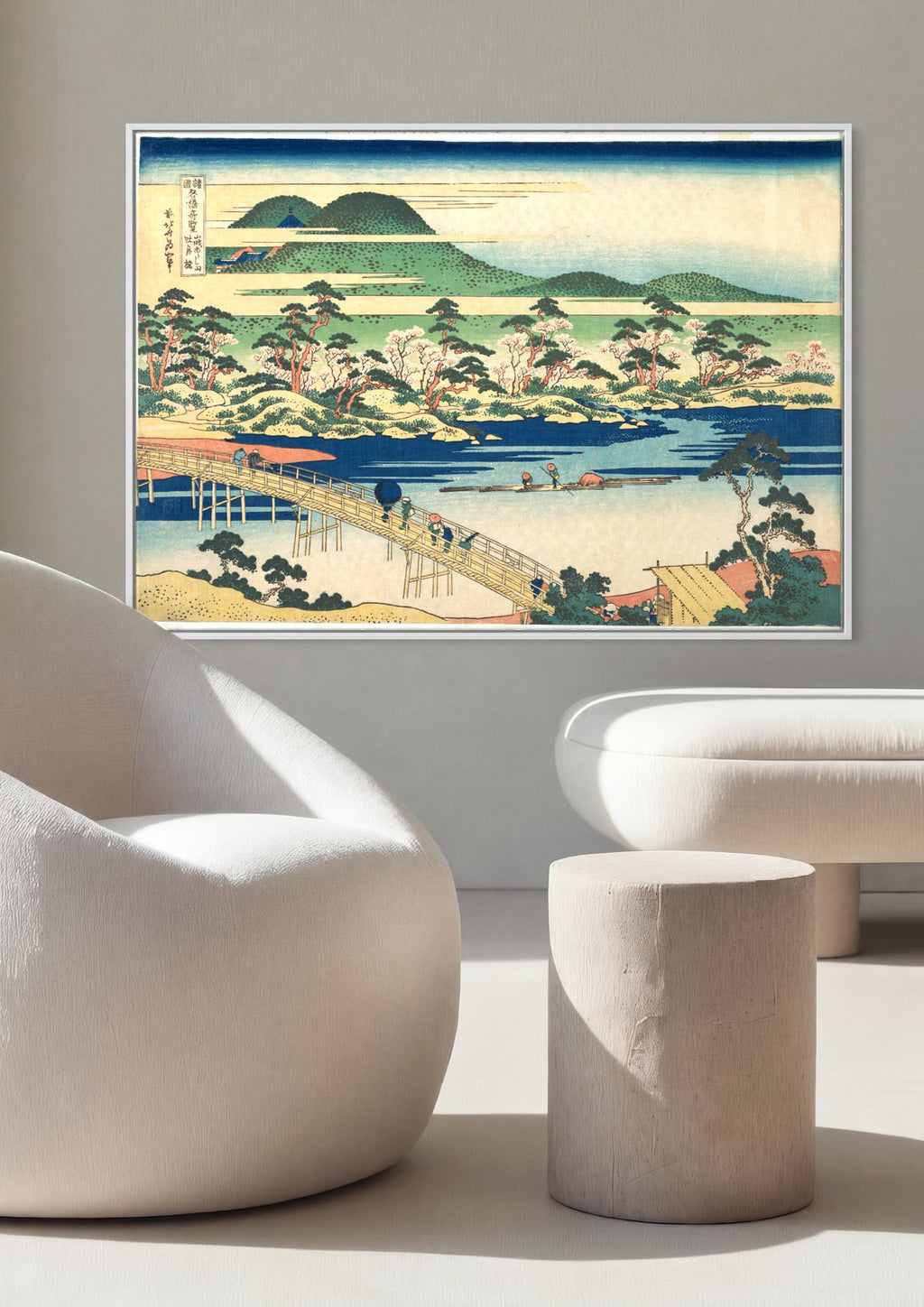 Quadro Decorativo A Ponte Flutuante de Sano - Hokusai em ambiente decorado
