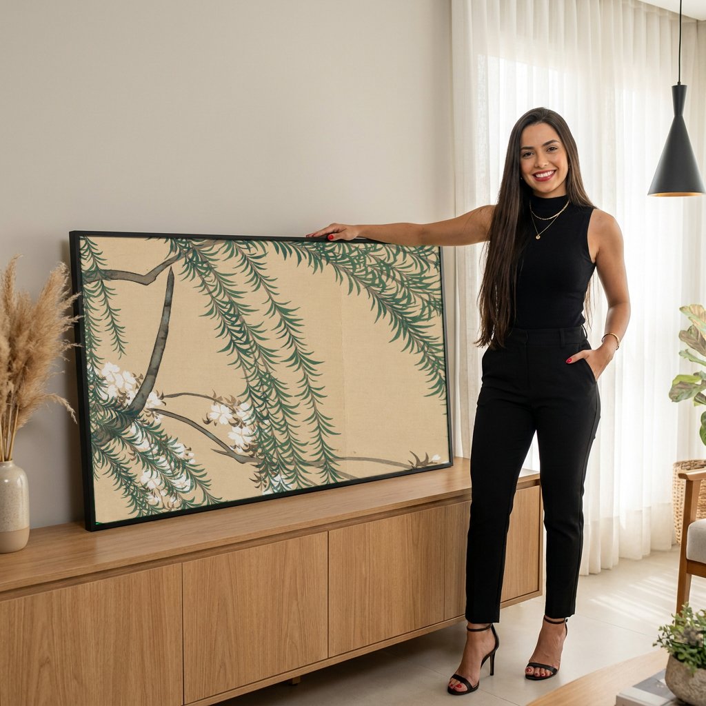 Quadro Decorativo Ramos de Cerejeira e Salgueiro - Sekka com modelo em ambiente