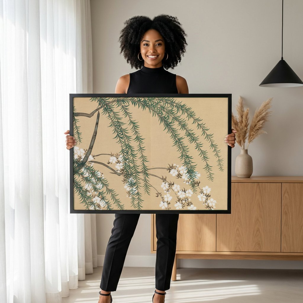 Quadro Decorativo Ramos de Cerejeira e Salgueiro - Sekka com modelo em ambiente