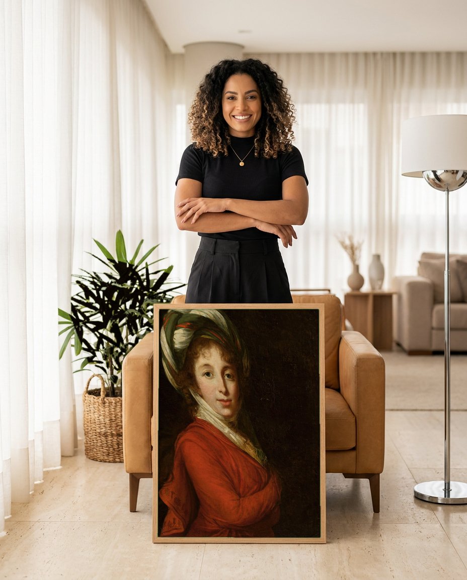Quadro Decorativo Senhora com Turbante - Vigée Le Brun com modelo em ambiente