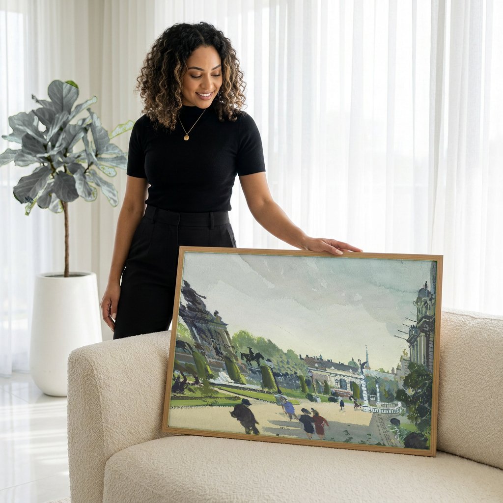 Quadro Decorativo Jardins do Belvedere, Viena - Oskar Laske com modelo em ambiente