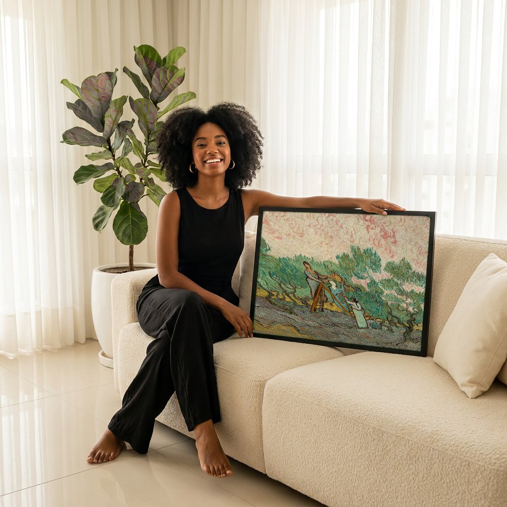 Quadro Decorativo A Colheita de Azeite - Van Gogh com modelo em ambiente