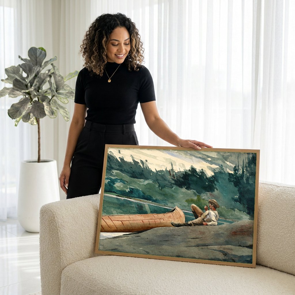 Quadro Decorativo 'The Adirondack Guide' - Winslow Homer com modelo em ambiente