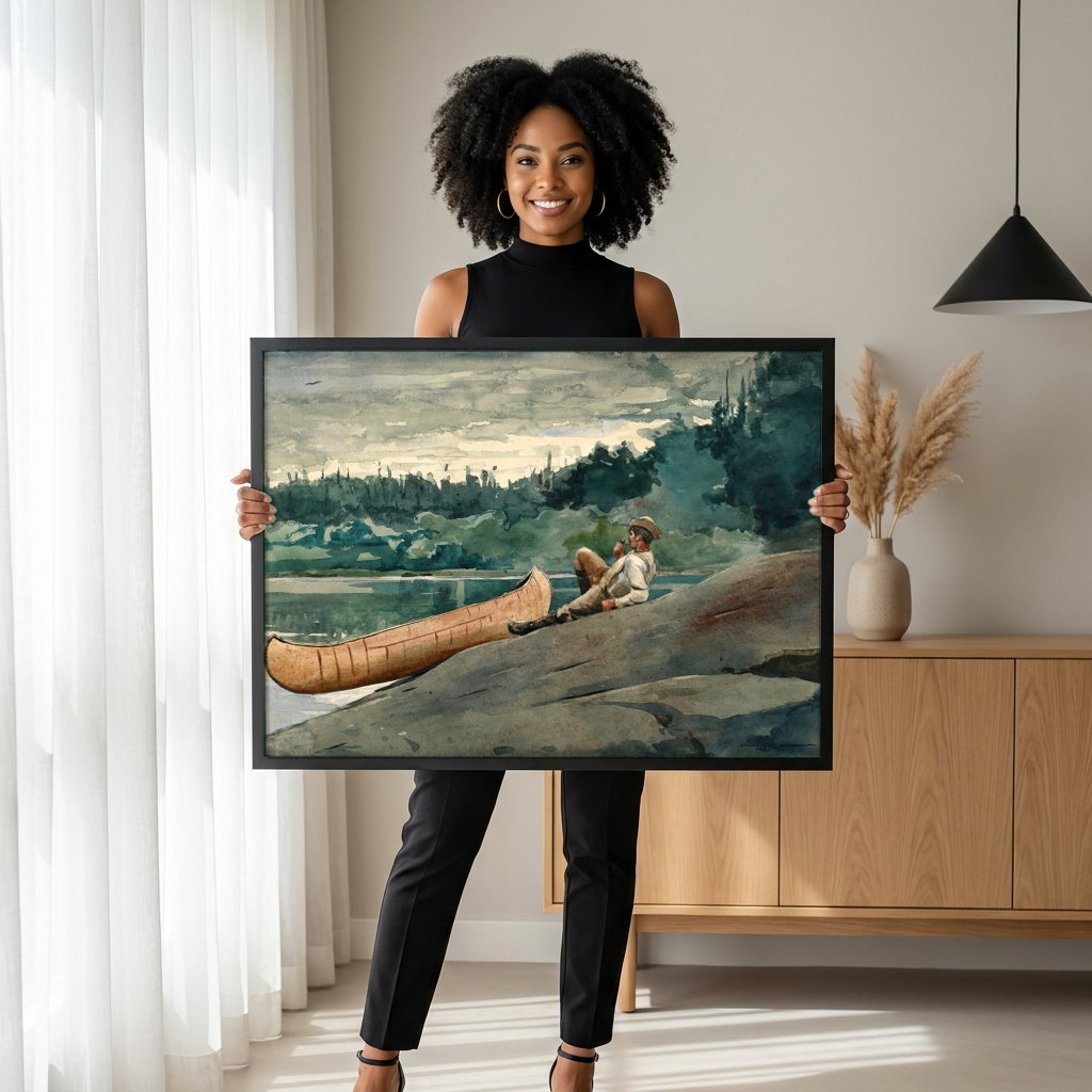 Quadro Decorativo 'The Adirondack Guide' - Winslow Homer com modelo em ambiente