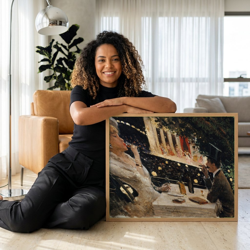 Quadro Decorativo 'A Noite no Jardim' - Jean Béraud com modelo em ambiente