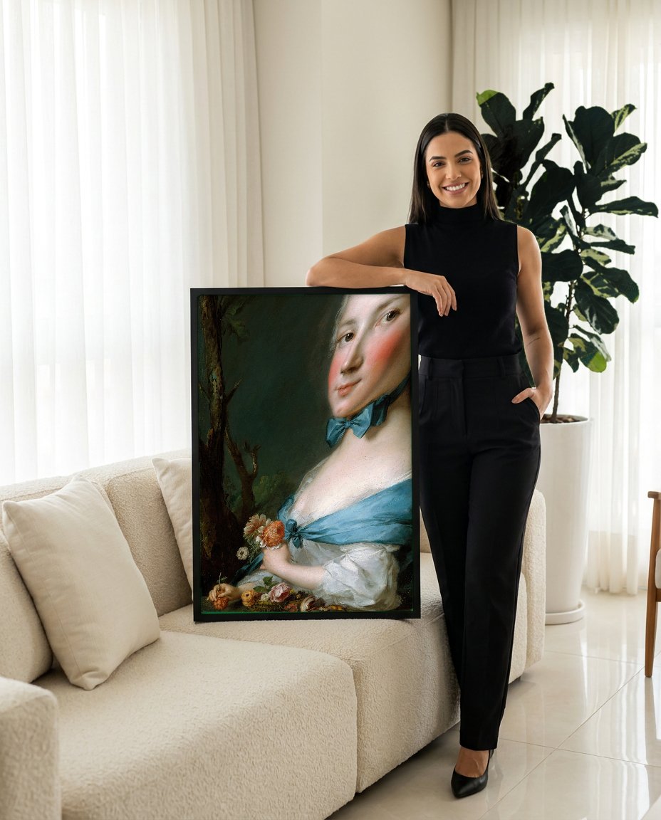 Quadro Decorativo Mulher com Flores - Jean Marc Nattier com modelo em ambiente