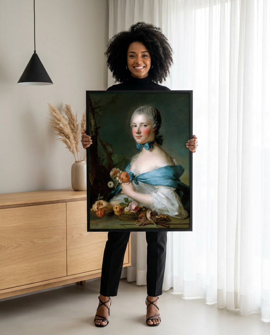 Quadro Decorativo Mulher com Flores - Jean Marc Nattier com modelo em ambiente