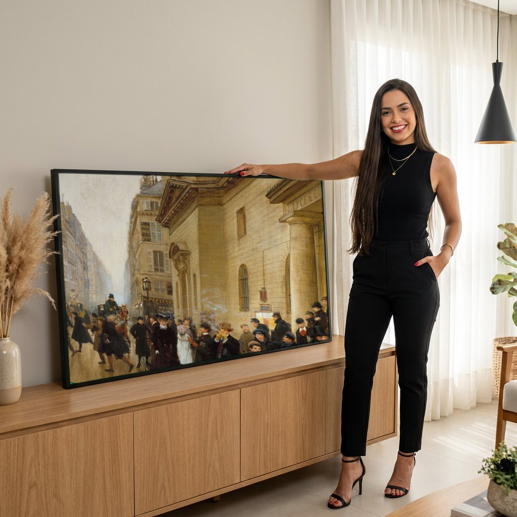 Quadro Decorativo A Saída da Escola – Jean Béraud com modelo em ambiente