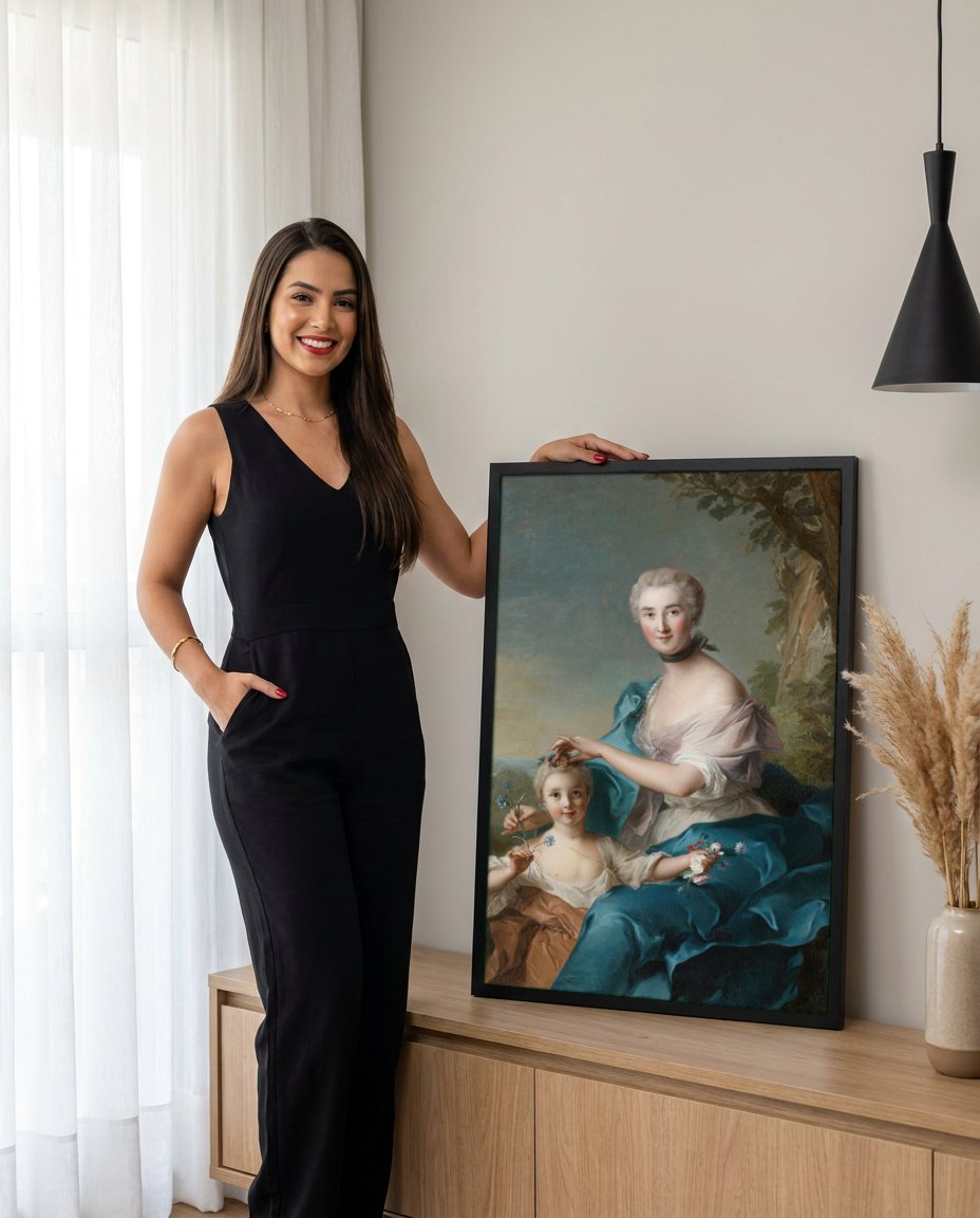 Quadro Decorativo Senhora e Criança - Jean Marc Nattier com modelo em ambiente