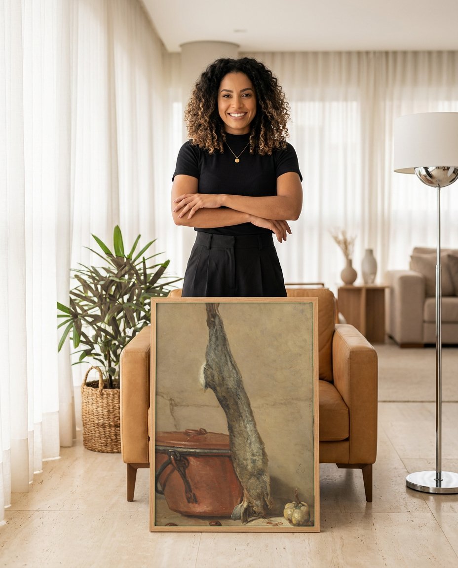 Quadro Decorativo A Lebre e o Tacho - Jean Siméon Chardin com modelo em ambiente