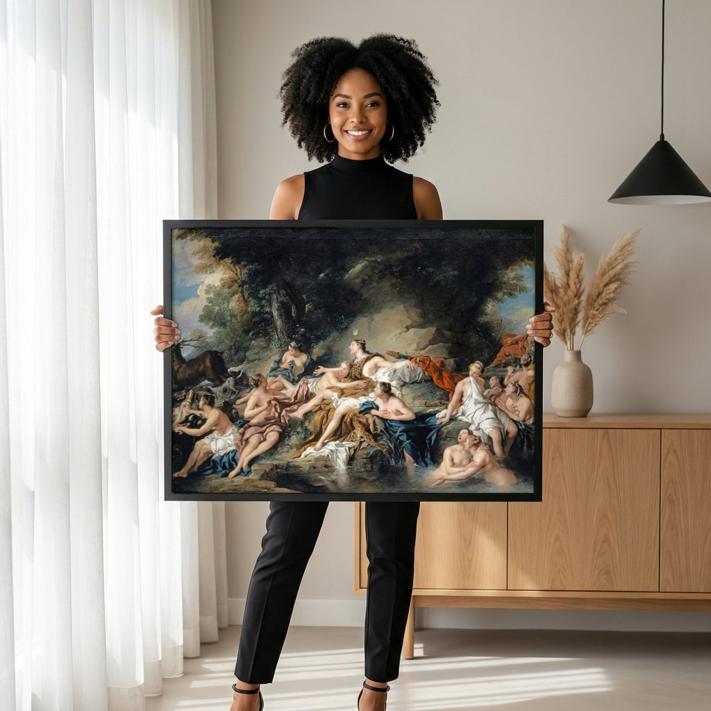 Quadro Decorativo O Banho de Diana - Jean François de Troy com modelo em ambiente