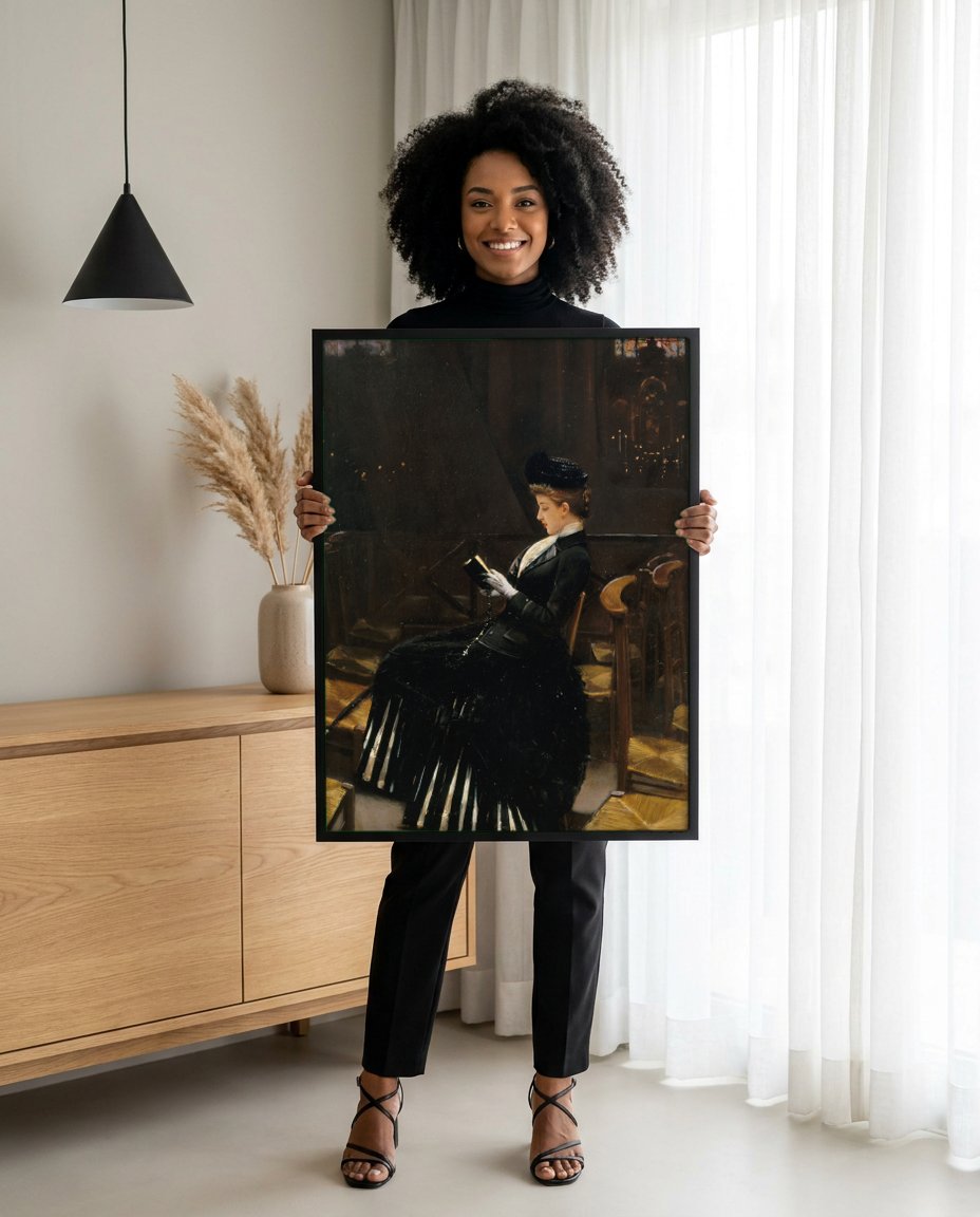 Quadro Decorativo A Leitora Piedosa – Jean Béraud com modelo em ambiente