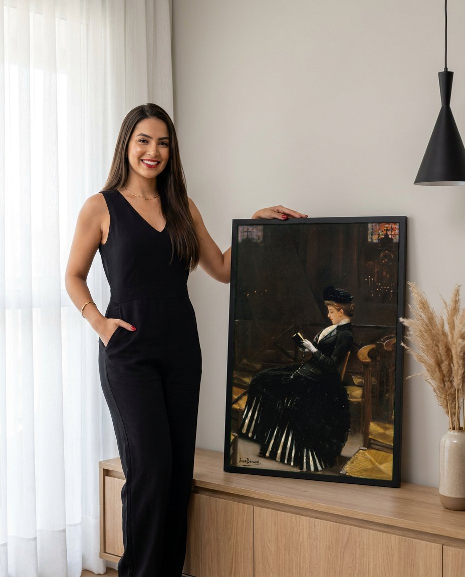 Quadro Decorativo A Leitora Piedosa – Jean Béraud com modelo em ambiente
