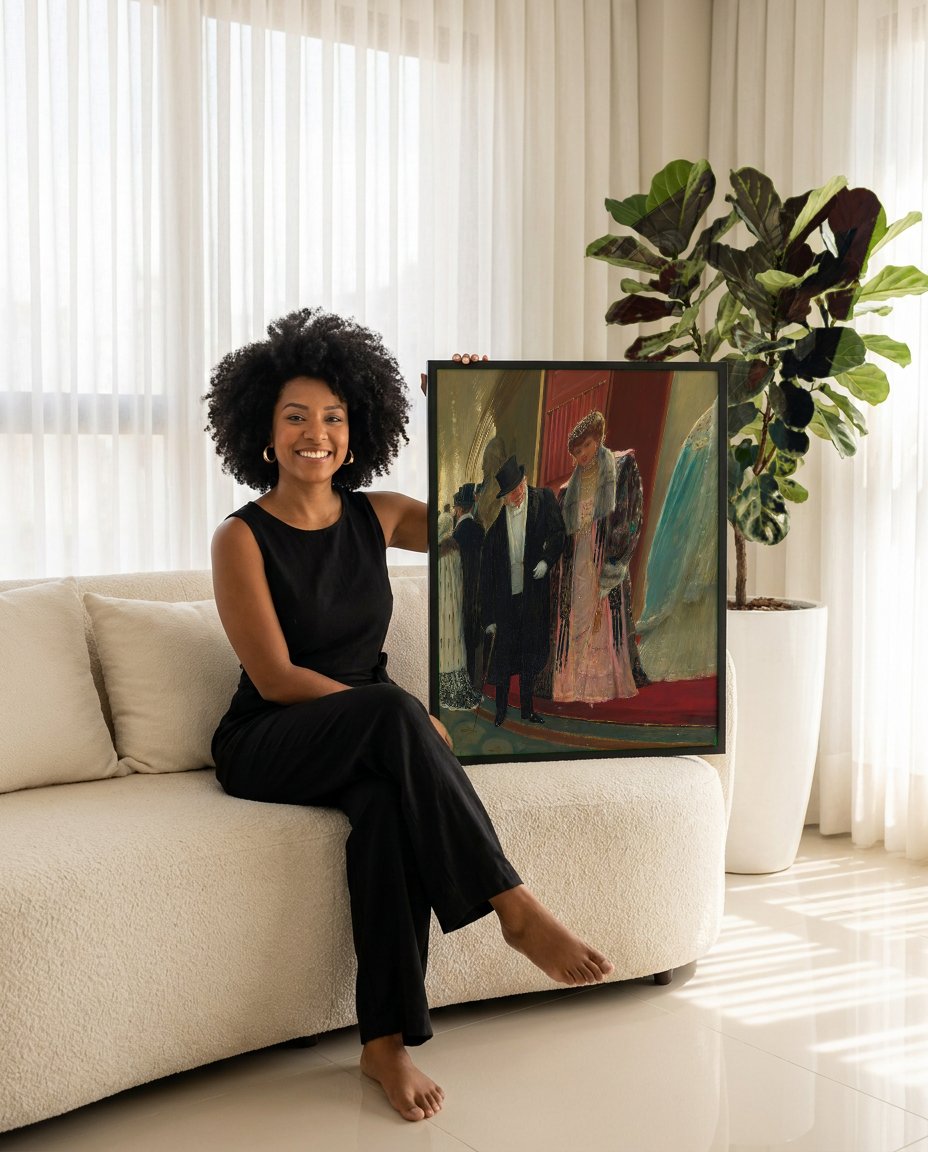 Quadro Decorativo A Saída do Teatro - Jean Béraud com modelo em ambiente