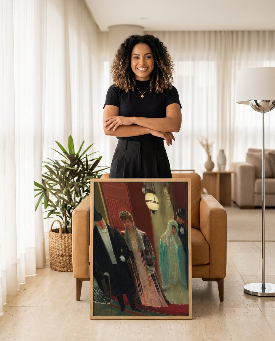 Quadro Decorativo A Saída do Teatro - Jean Béraud com modelo em ambiente