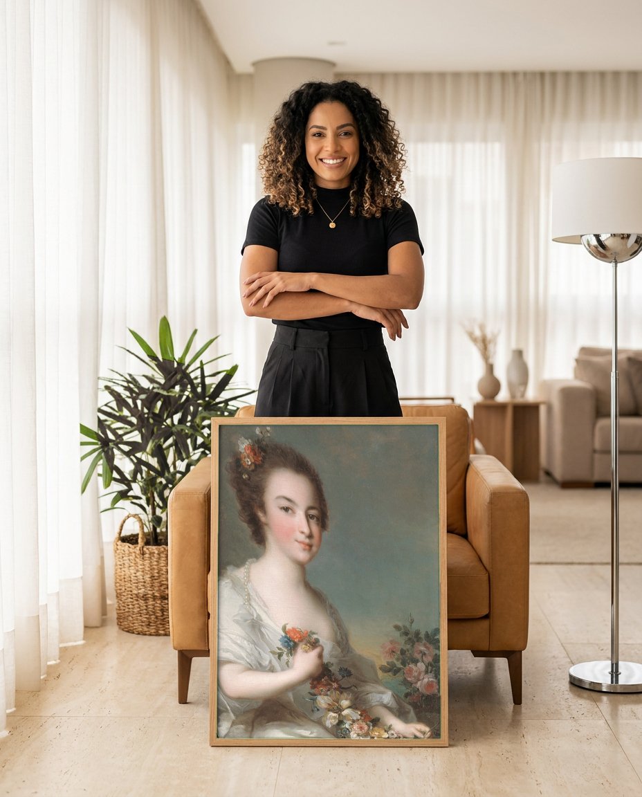Quadro Decorativo A Jovem Florista - Jean-Marc Nattier com modelo em ambiente