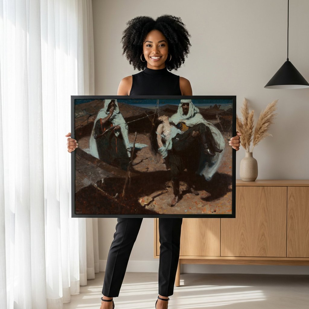 Quadro Decorativo A Fuga no Deserto - Dean Cornwell com modelo em ambiente