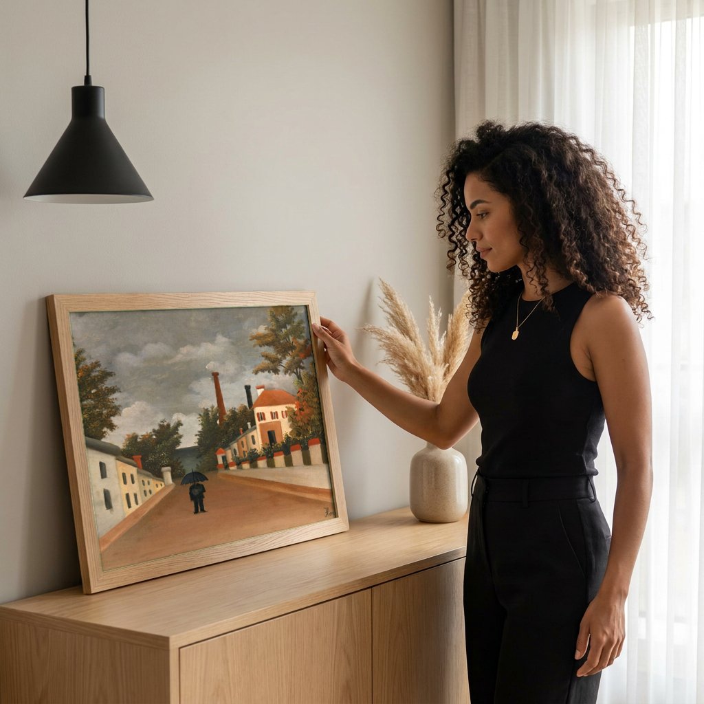 Quadro Decorativo A Rua - Henri Rousseau com modelo em ambiente