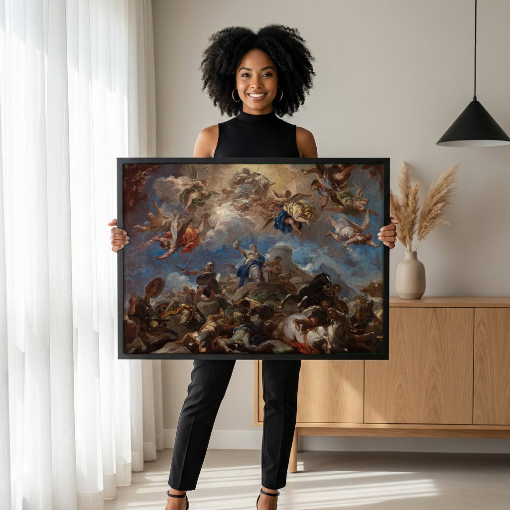 Quadro Decorativo A Queda dos Anjos Rebeldes - Luca Giordano com modelo em ambiente