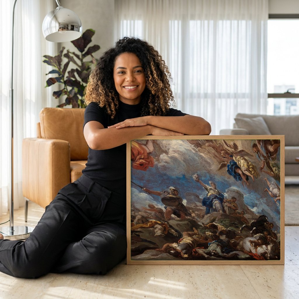 Quadro Decorativo A Queda dos Anjos Rebeldes - Luca Giordano com modelo em ambiente