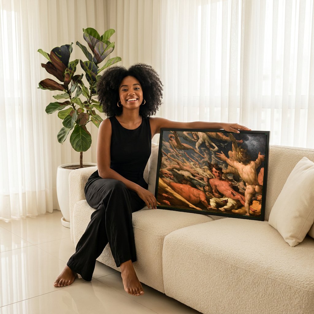 Quadro Decorativo A Queda dos Anjos Rebeldes - Rubens com modelo em ambiente
