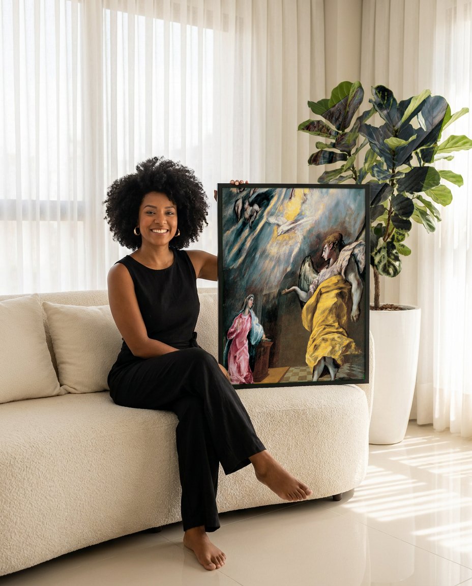 Quadro Decorativo A Anunciação - El Greco com modelo em ambiente