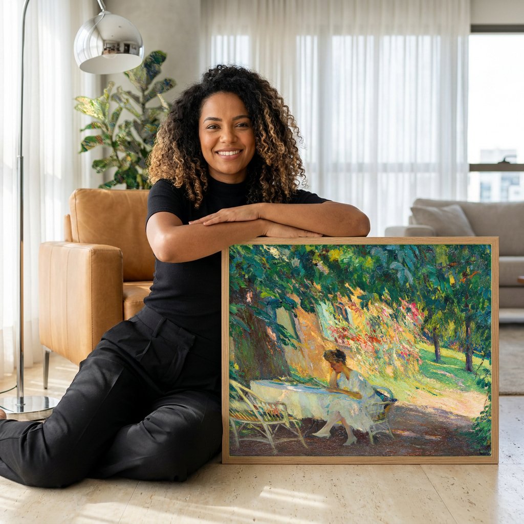 Quadro Decorativo A Leitora no Jardim - Edward Cucuel com modelo em ambiente