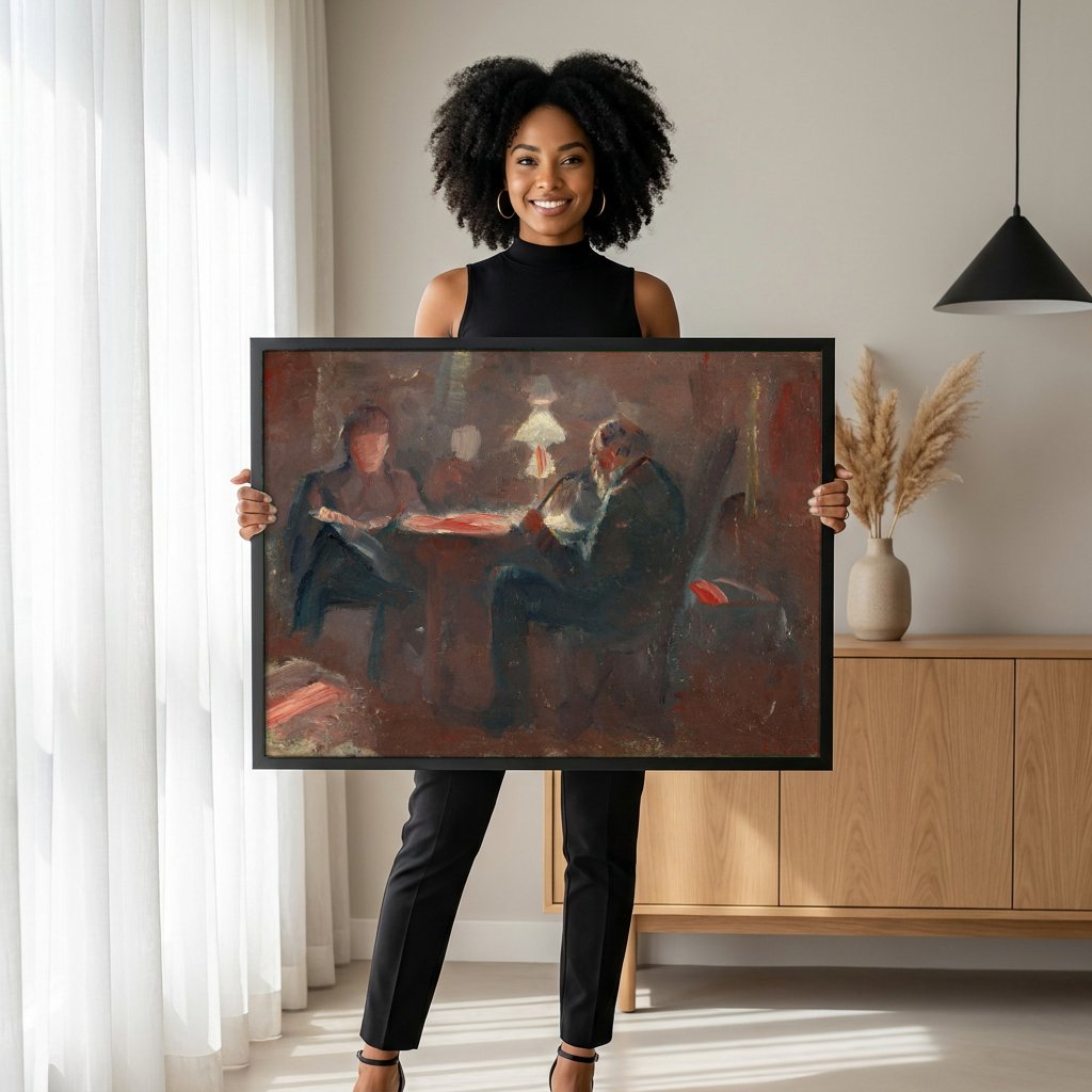 Quadro Decorativo Cena Íntima Noturna - Edvard Munch com modelo em ambiente