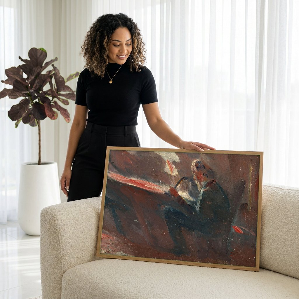 Quadro Decorativo Cena Íntima Noturna - Edvard Munch com modelo em ambiente