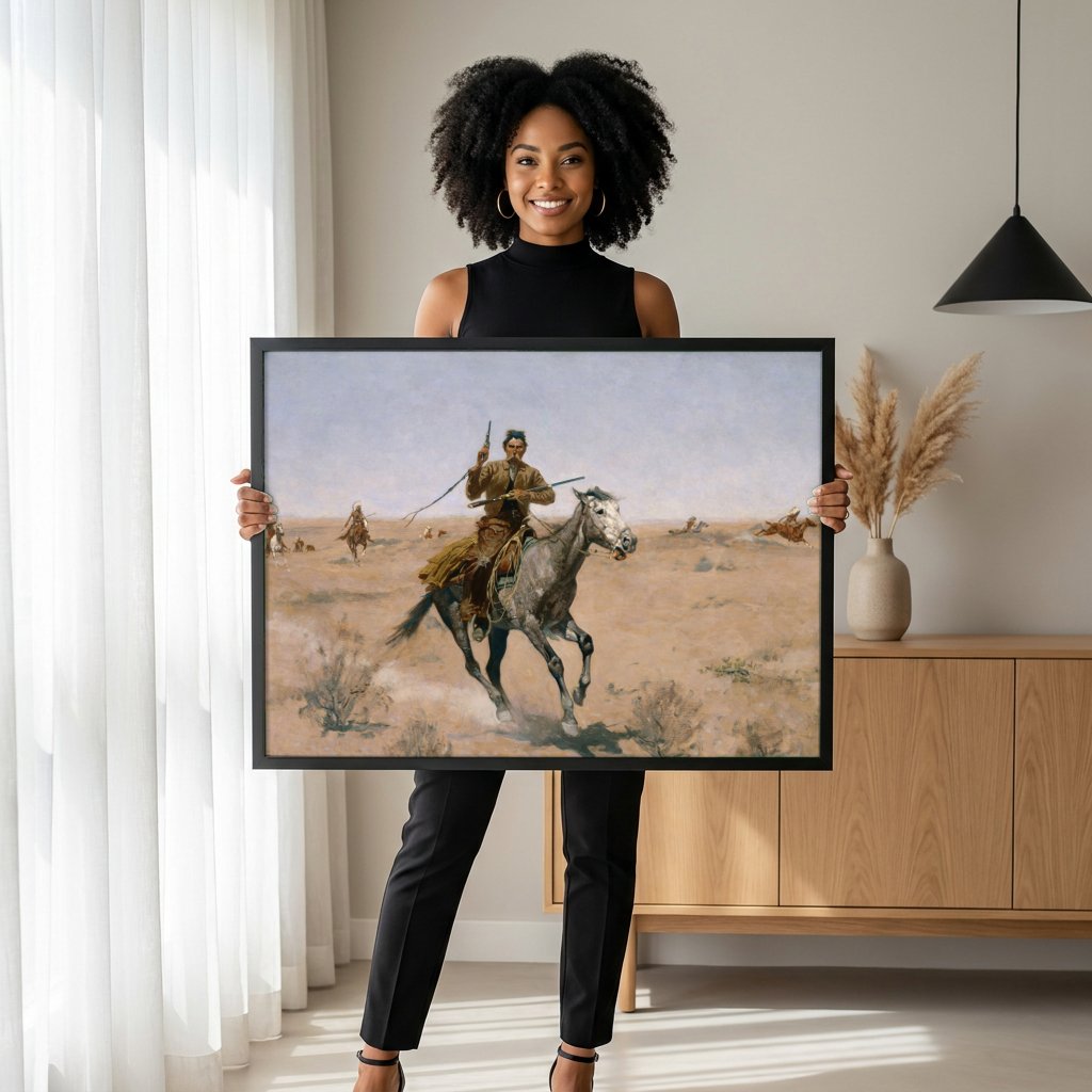 Quadro Decorativo A Fuga do Cowboy - Frederic Remington com modelo em ambiente