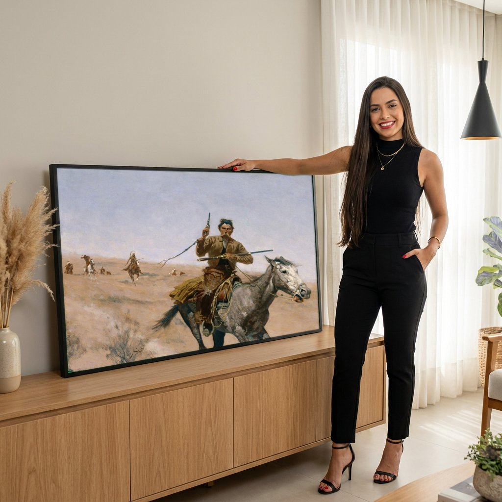Quadro Decorativo A Fuga do Cowboy - Frederic Remington com modelo em ambiente