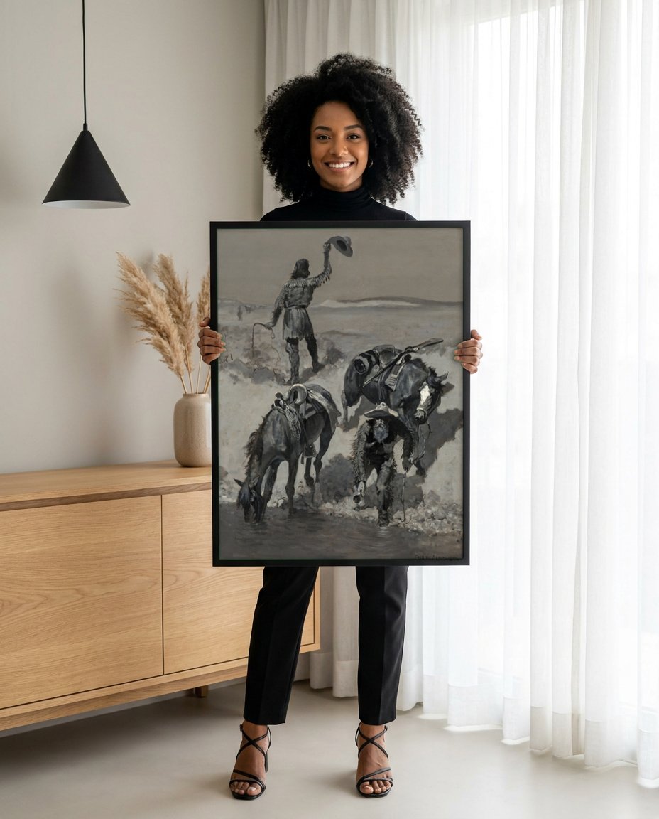 Quadro Decorativo A Busca por Água - Frederic Remington com modelo em ambiente