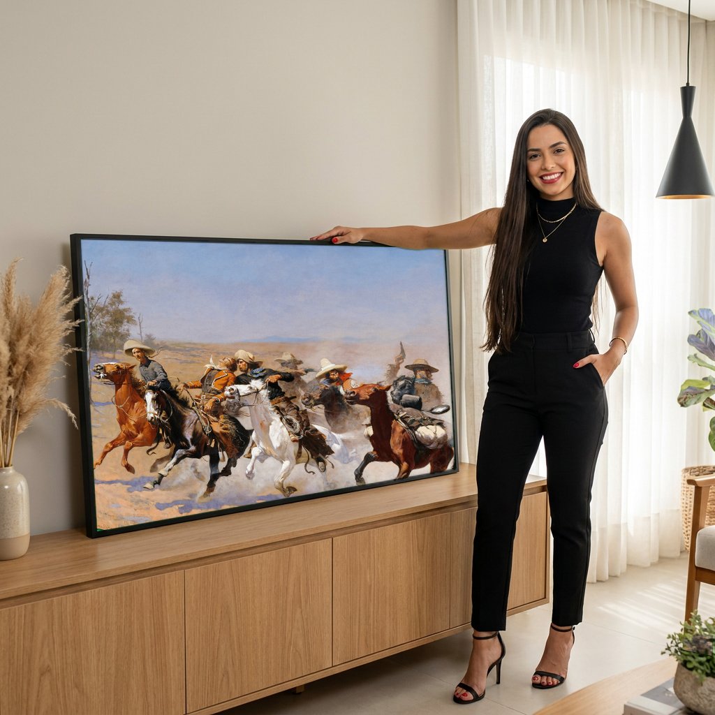 Quadro Decorativo A Fuga do Cowboy - Frederic Remington com modelo em ambiente